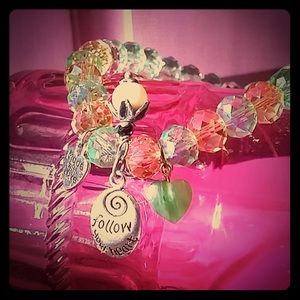 Green and amber jewel tone glass beaded bracelet